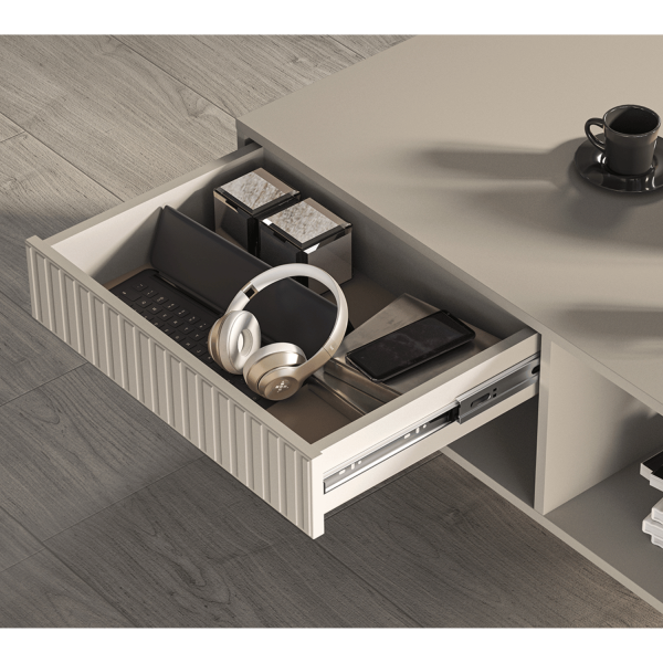 Prostokątny Stolik Kawowy z Szufladą do Salonu Ława Kaszmirowy Beżowy Ryflowany Glamour SOPHIE 10