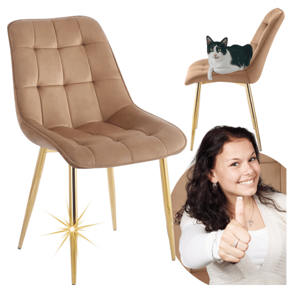 Nowoczesne Eleganckie Krzesło Tapicerowane Ze Złotymi Nogami Cappuccino Beżowe Welurowe CHIC