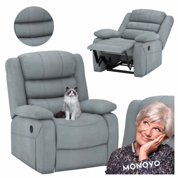 Elektrycznie Rozkładany Fotel Wypoczynkowy do Salonu Szary Welurowy Tapicerowany Velvet LUMIO