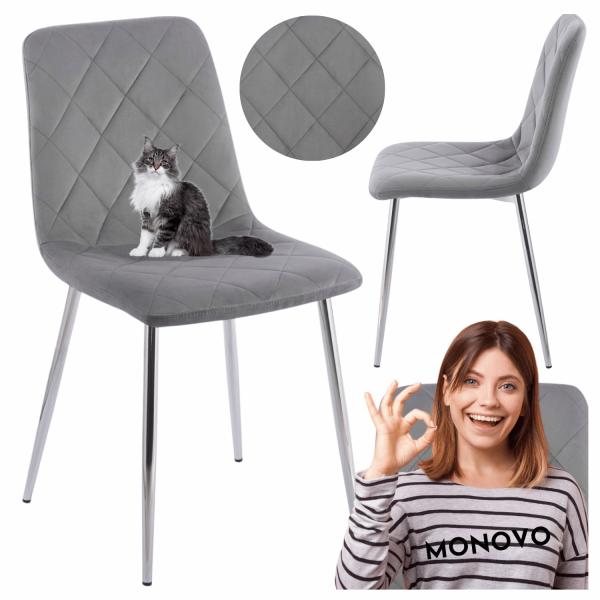 Nowoczesne Krzesło Tapicerowane Pikowane Do Jadalni Salonu Glamour Welurowe Szare Chrom FORE