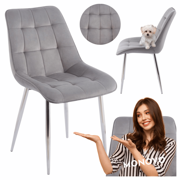 Nowoczesne Pikowane Tapicerowane Krzesło Loft Welurowe Do Salonu Jadalni Szare Chrom CHIC