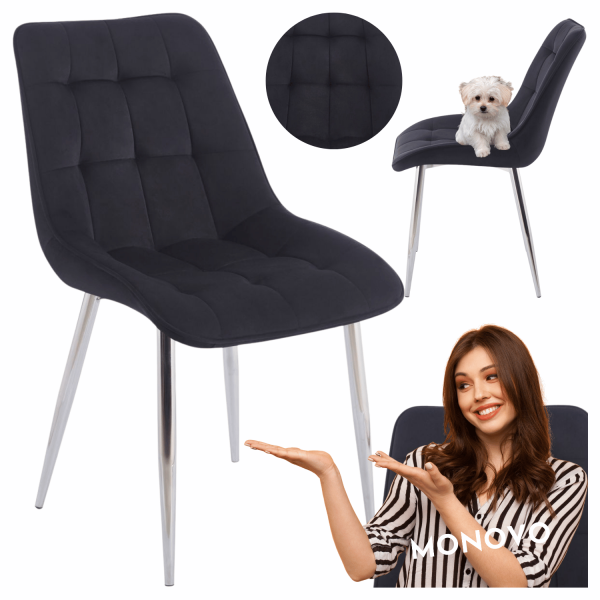 Krzesło Welurowe Nowoczesne Pikowane Do Salonu Jadalni Glamour Czarne Chrom CHIC