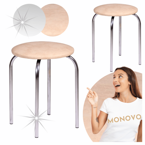 Taboret Do Kuchni Salonu Nowoczesny Metalowy Skórzany Beżowy Srebrny Chrom NOLA