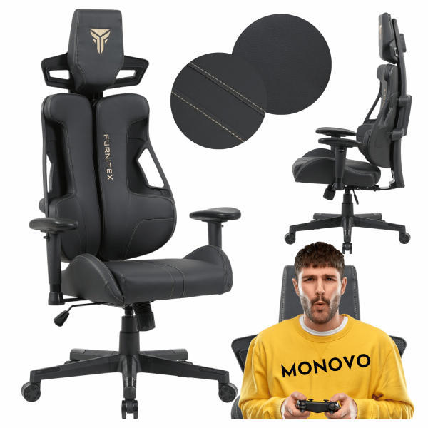 Obrotowy Fotel Skórzany Gamingowy Biurowy Ergonomiczny Z Podłokietnikami Czarny KING