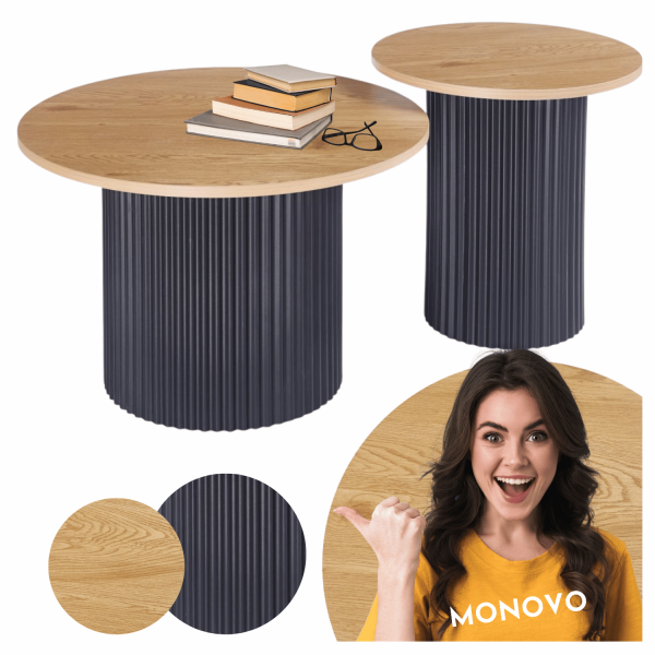 Zestaw Stolików Kawowych 70 cm i 50 cm 2x Stolik Kawowy Loft Okrągły Do Salonu Dąb Naturalny Czarny  ARVEL