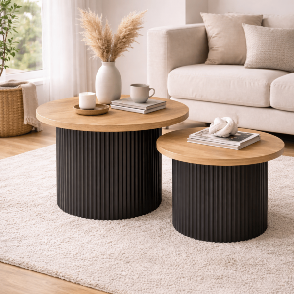 Zestaw Stolików Kawowych 70 cm i 50 cm 2x Stolik Kawowy Loft Okrągły Do Salonu Dąb Naturalny Czarny  ARVEL