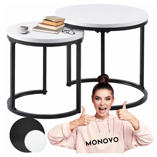 Zestaw Stolików Kawowych 2x Stolik Kawowy do Salonu Okrągły Loft Biały Czarny ETARE