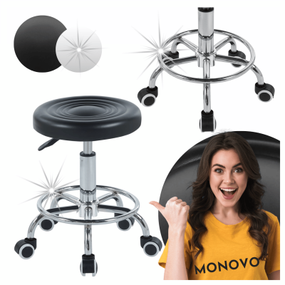 Taboret Obrotowy Z Regulacją Wysokości Skórzany Czarny Do Salonu Chrom GLOW