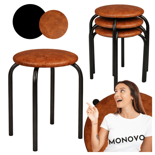 Nowoczesny Taboret Stołek Kuchenny Tapicerowany Metalowy Brązowy Orzech Czarny Loft Skórzany NOLA