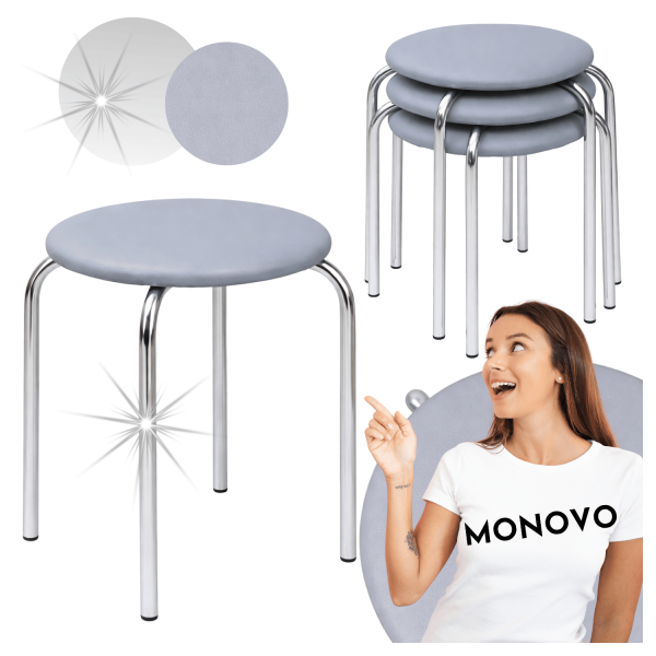Taboret Do Kuchni Salonu Nowoczesny Metalowy Skórzany Szary Srebrny Chrom NOLA