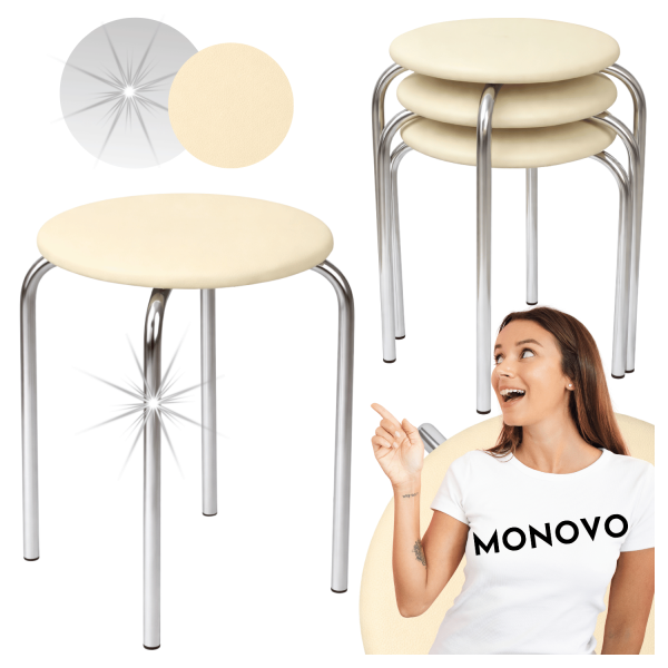 Taboret Do Kuchni Salonu Nowoczesny Metalowy Skórzany Eco Beż Beżowy Srebrny Chrom NOLA