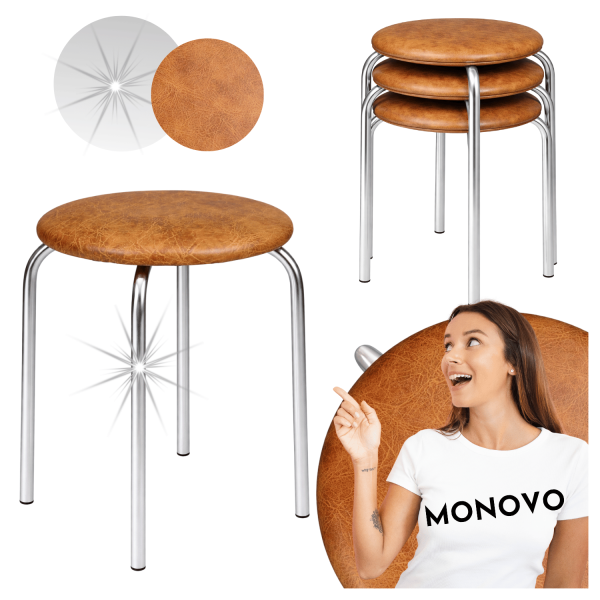 Taboret Do Kuchni Salonu Nowoczesny Metalowy Skórzany Orzech Brązowy Srebrny Chrom NOLA