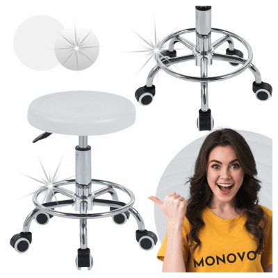 Taboret Obrotowy Z Regulacją Wysokości Do Salonu Skórzany Biały Srebrny Chrom GLOW