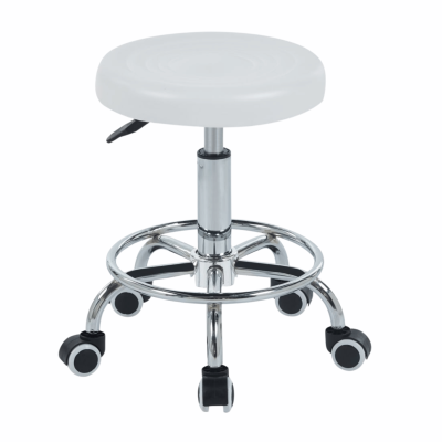 Taboret Obrotowy Z Regulacją Wysokości Do Salonu Skórzany Biały Srebrny Chrom GLOW