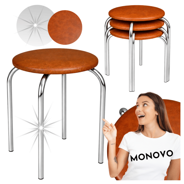 Taboret Do Kuchni Salonu Skórzany Nowoczesny Metalowy Jasny Brąz Srebrny Chrom NOLA