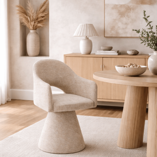 Designerskie Krzesło Tapicerowane Nowoczesne Beżowe Minimalistyczne Obrotowe SOLEA