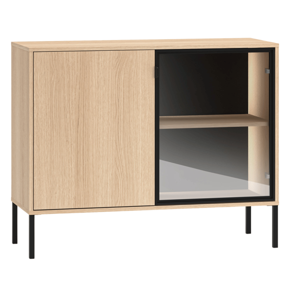 Nowoczesna Komoda z Oświetleniem LED do Salonu Sypialni Loft Dąb Lindberg Szkło Dymione BARNEE 03-001