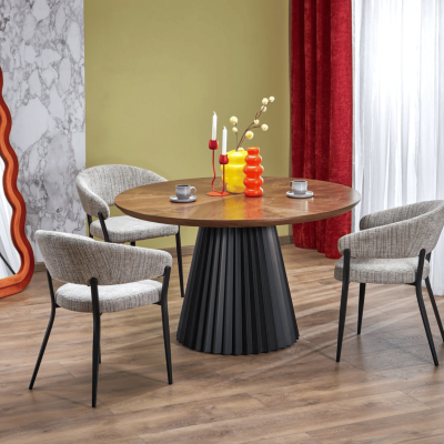 Nowoczesny Stół Okrągły 130 cm do Salonu Orzechowy Duży Loft Industrialny HEVELIUS