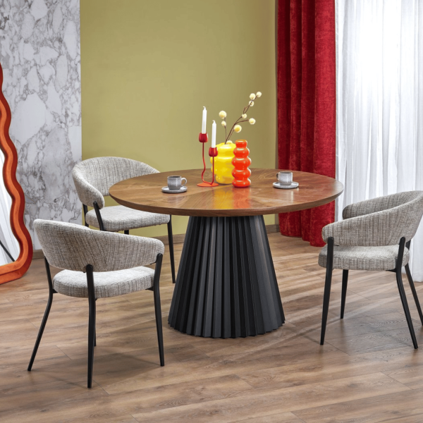 Nowoczesny Stół Okrągły 130 cm do Salonu Orzechowy Duży Loft Industrialny HEVELIUS