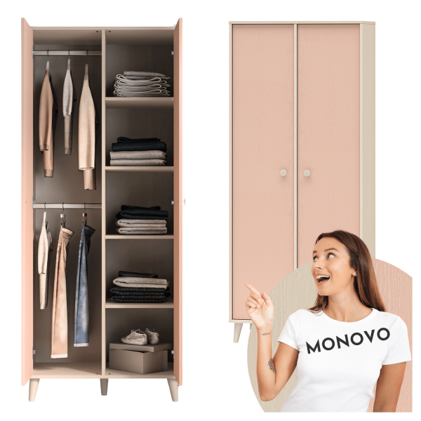 Nowoczesna Szafa Dwudrzwiowa Garderoba do Salonu Sypialni Glamour Różowa Kremowa MEVEL 02
