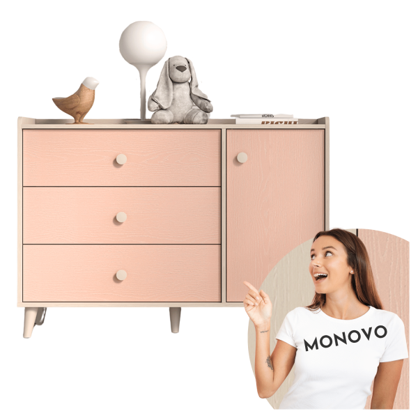 Nowoczesna Komoda z Trzema Szufladami i Szafką do Sypialni Pokoju Dziecięcego Glamour Różowa Kremowa MEVEL 05