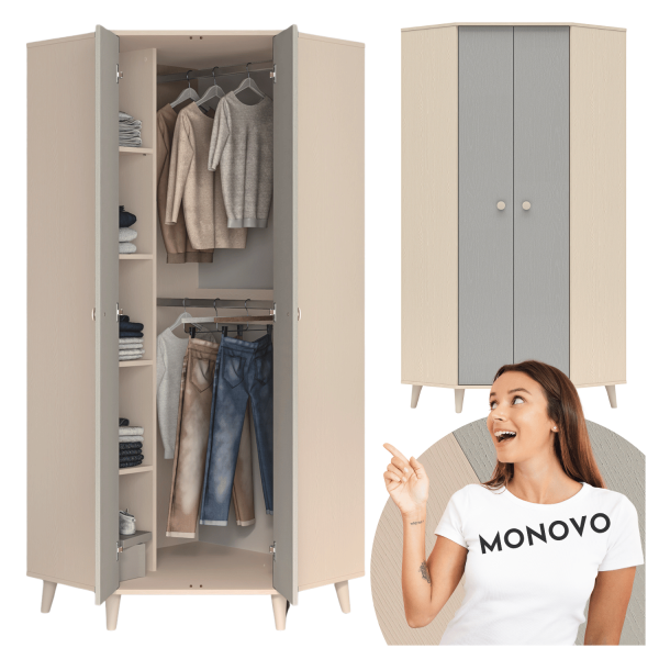 Nowoczesna Szafa Narożna Dwudrzwiowa Garderoba do Salonu Sypialni Glamour Szara Kremowa MEVEL 01
