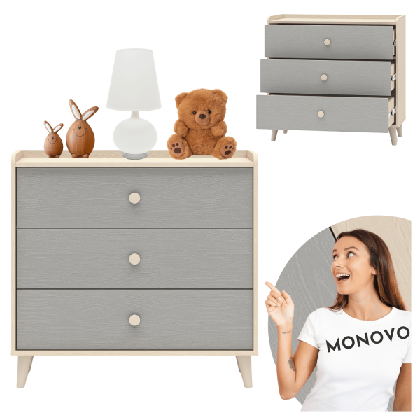 Nowoczesna Komoda z Trzema Szufladami do Sypialni Pokoju Dziecięcego Glamour Szara Kremowa MEVEL 06