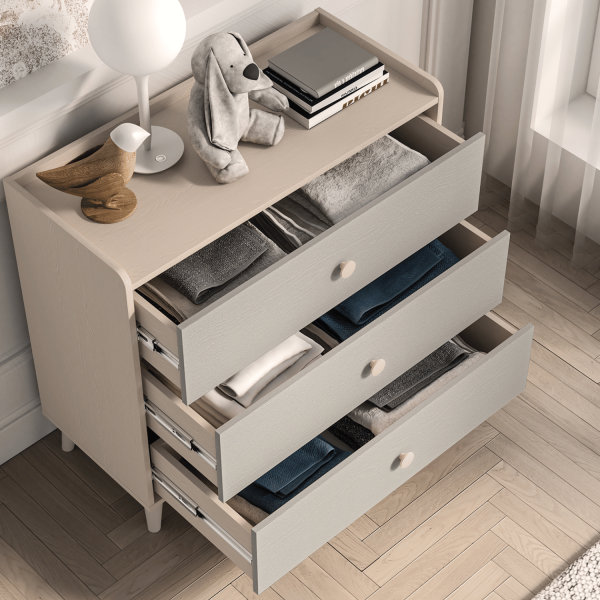 Nowoczesna Komoda z Trzema Szufladami do Sypialni Pokoju Dziecięcego Glamour Szara Kremowa MEVEL 06