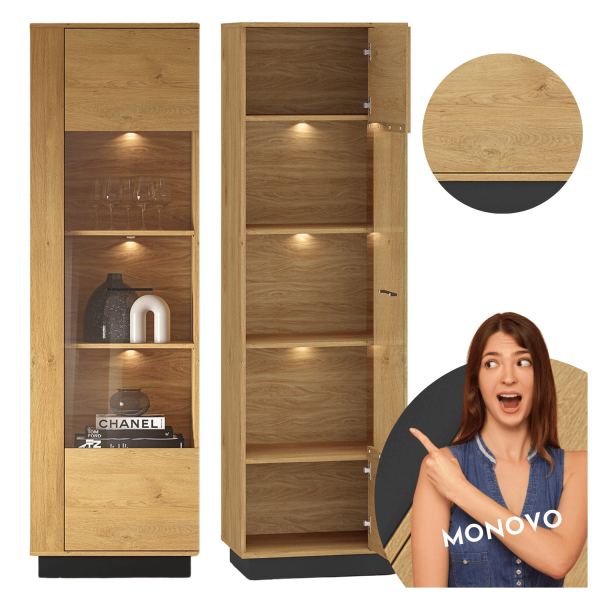 Nowoczesna Witryna do Salonu Jadalni Loft Dąb Stylowy Czarny Szkło MODESTO 02