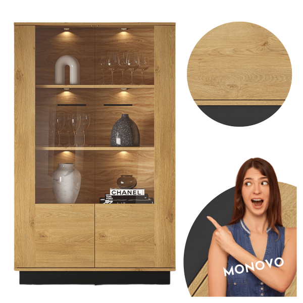 Nowoczesna Witryna Dwudrzwiowa do Salonu Jadalni Loft Dąb Stylowy Czarny Szkło MODESTO 03