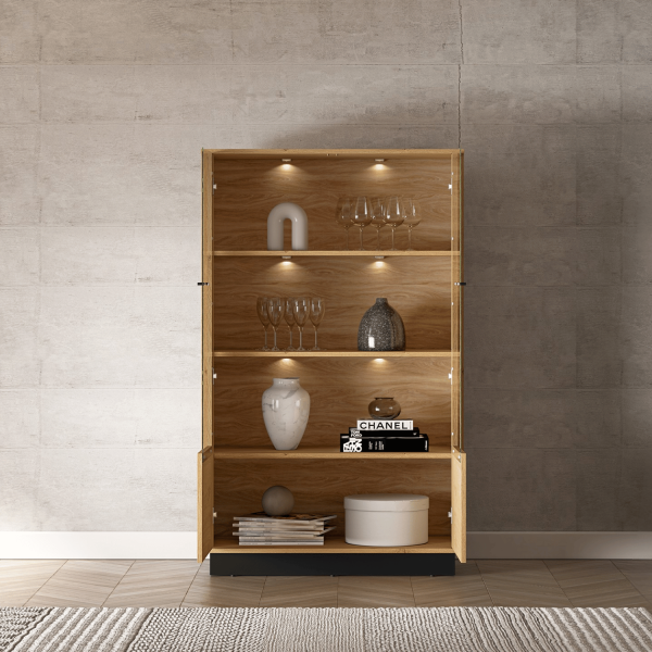 Nowoczesna Witryna Dwudrzwiowa do Salonu Jadalni Loft Dąb Stylowy Czarny Szkło MODESTO 03