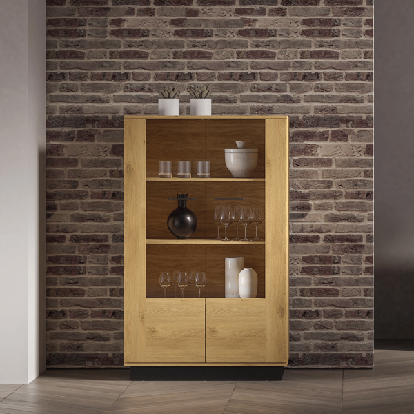 Nowoczesna Witryna Dwudrzwiowa do Salonu Jadalni Loft Dąb Stylowy Czarny Szkło MODESTO 03