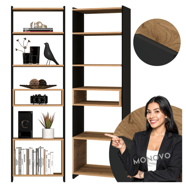 Nowoczesny Wysoki Regał Biblioteczka do Sypialni Salonu Gabinetu Loft Modern Dąb Artisan Czarny TRIS 02