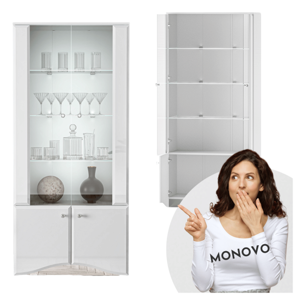 Nowoczesna Wysoka Witryna z Oświetleniem LED Do Salonu Jadalni Glamour Biały Połysk Lustro Szkło GLAMOUR 01