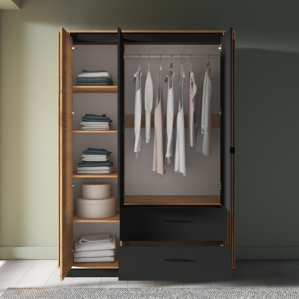 Nowoczesna Szafa Garderoba z Lustrem do Sypialni Cichy Domyk Vintage Loft Dąb Craft Złoty Czarny URSO 02