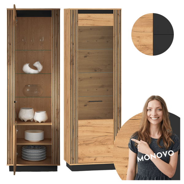 Nowoczesna Witryna do Salonu Jadalni Cichy Domyk Vintage Loft Dąb Craft Złoty Czarny Szkło URSO 04