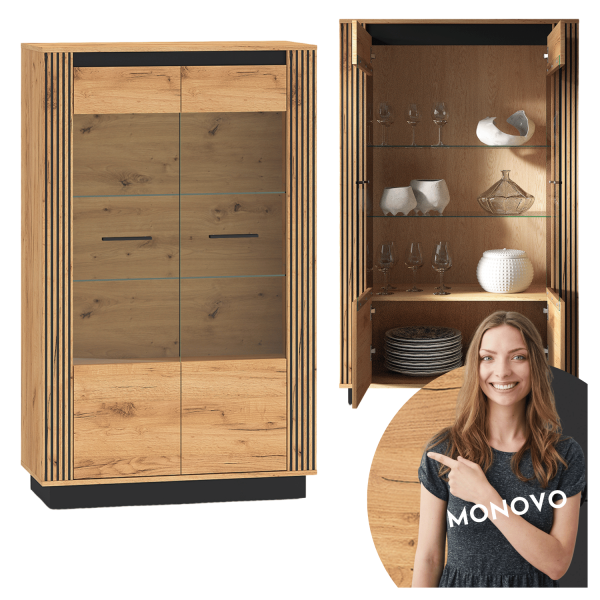 Nowoczesna Dwudrzwiowa Witryna do Salonu Jadalni Cichy Domyk Vintage Loft Dąb Craft Złoty Czarny Szkło URSO 05
