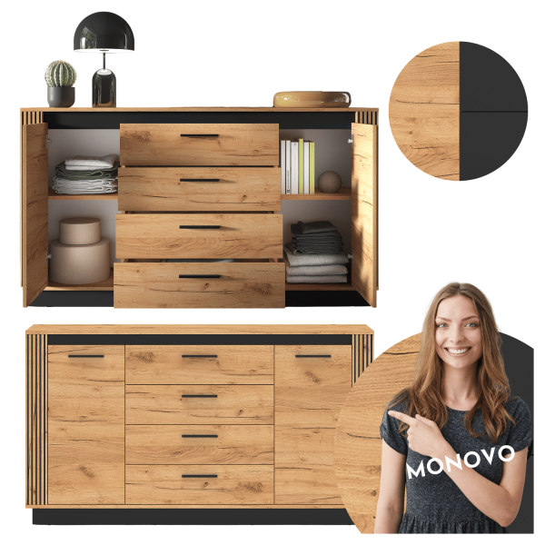 Nowoczesna Duża Komoda do Salonu Sypialni Vintage Loft Dąb Craft Złoty Czarny URSO 06
