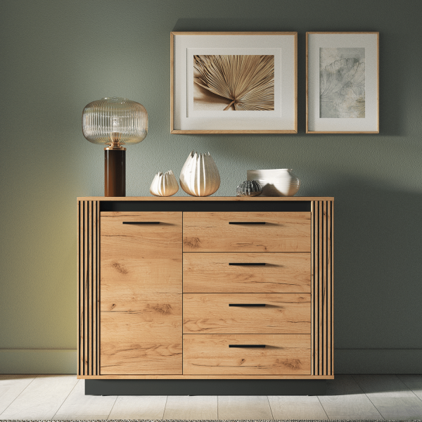 Nowoczesna Mała Komoda do Salonu Przedpokoju Sypialni Vintage Loft Dąb Craft Złoty Czarny URSO 07