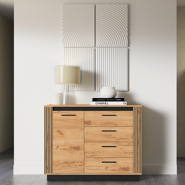 Nowoczesna Mała Komoda do Salonu Przedpokoju Sypialni Vintage Loft Dąb Craft Złoty Czarny URSO 07