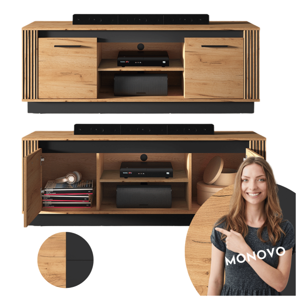 Nowoczesna Stojąca Szafka RTV do Salonu Sypialni Vintage Loft Dąb Craft Złoty Czarny URSO 08
