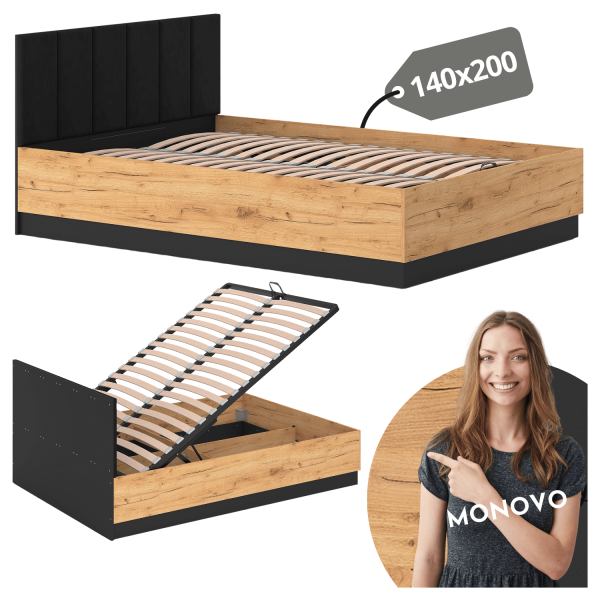 Nowoczesne Łóżko z Pojemnikiem 140x200 do Sypialni Vintage Loft Dąb Craft Złoty Czarny URSO 1301