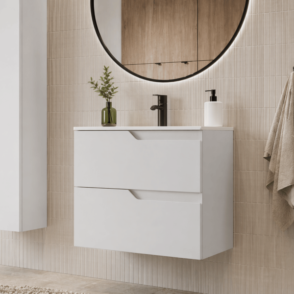 Biała Nowoczesna Szafka Łazienkowa pod Umywalkę do Łazienki 100 cm z Blatem i Regałami Gładka Elegancka MODERN