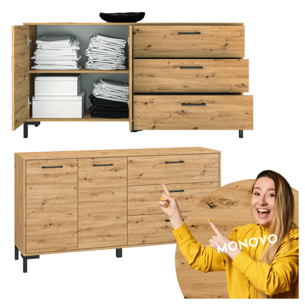 Rustykalna Duża Komoda do Salonu Sypialni Loft Vintage Dąb Artisan Czarne Nogi NEVIO 13