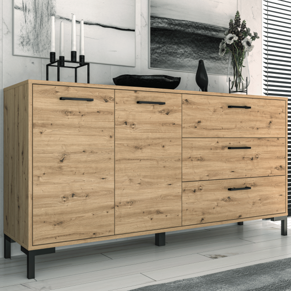 Rustykalna Duża Komoda do Salonu Sypialni Loft Vintage Dąb Artisan Czarne Nogi NEVIO 13