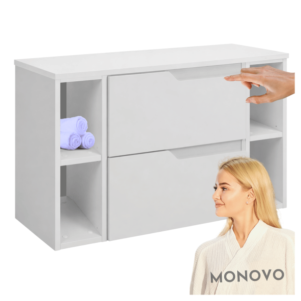 Biała Nowoczesna Szafka Łazienkowa pod Umywalkę do Łazienki 100 cm z Blatem i Regałami Gładka Elegancka MODERN