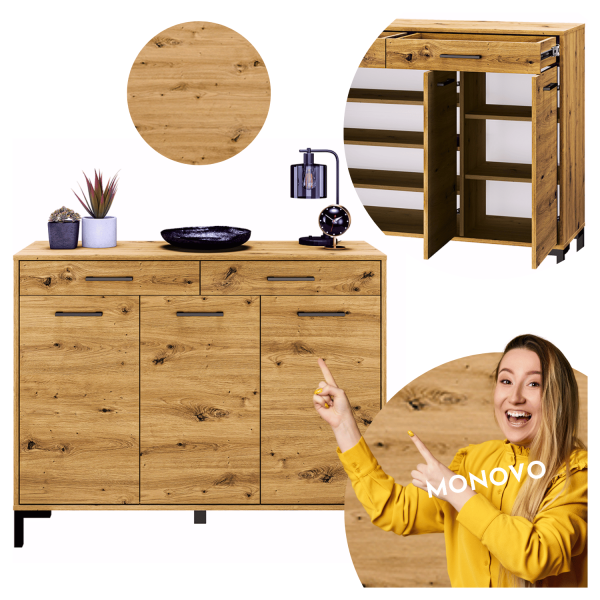 Rustykalna Duża Komoda do Salonu Przedpokoju Loft Vintage Dąb Artisan Czarne Nogi NEVIO 14