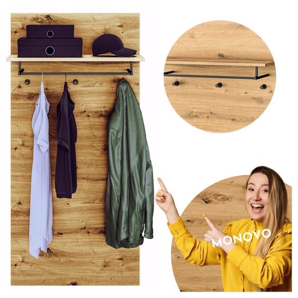 Rustykalna Wieszak z Półką do Przedpokoju Loft Vintage Dąb Artisan NEVIO 15