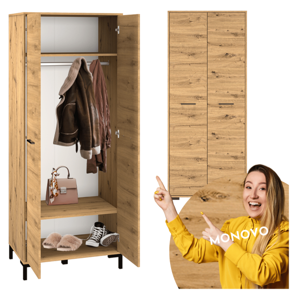 Rustykalna Szafa Dwudrzwiowa do Salonu Sypialni Loft Vintage Dąb Artisan Czarne Nogi NEVIO 17