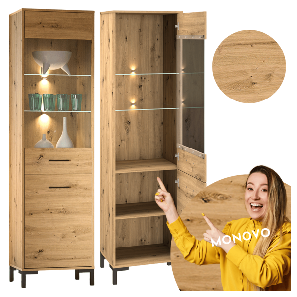 Rustykalna Witryna do Salonu Jadalni Loft Vintage Dąb Artisan Czarne Nogi Szkło NEVIO 18